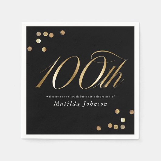 Elegant Black and Gold 100th Birthday Party Serviette (Vorderseite)