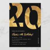 Elegant black and gold 20th Birthday Party Einladung (Vorderseite)
