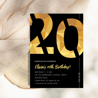 Elegant black and gold 20th Birthday Party Einladung
