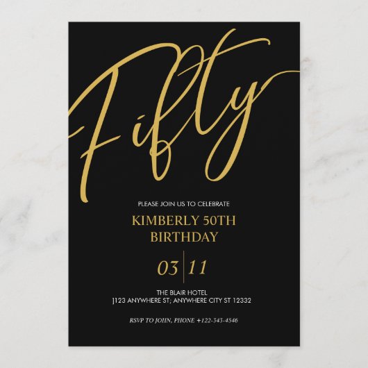 Elegant Black and Gold 50th Birthday Party Einladung (Vorderseite)