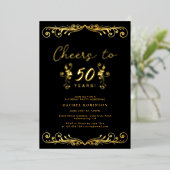 Elegant Black and Gold 50TH Birthday Party Folieneinladung (Stehend vorne)