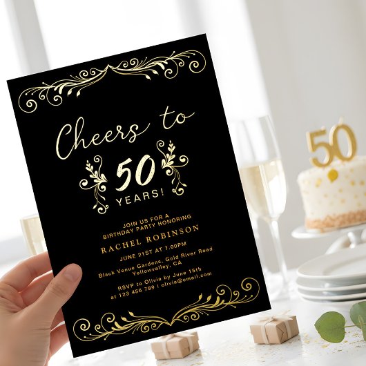 Elegant Black and Gold 50TH Birthday Party Folieneinladung