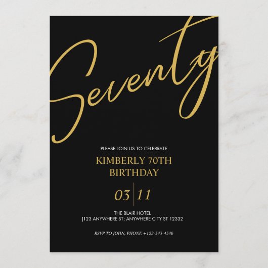 Elegant Black and Gold 70th Birthday Party Einladung (Vorderseite)