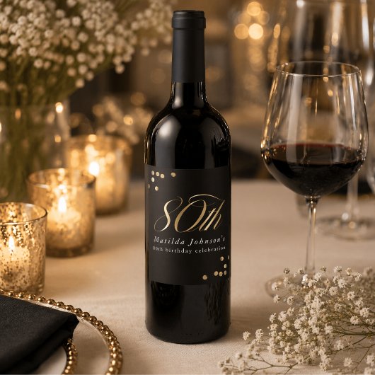 Elegant Black and Gold 80th Birthday Party Weinetikett