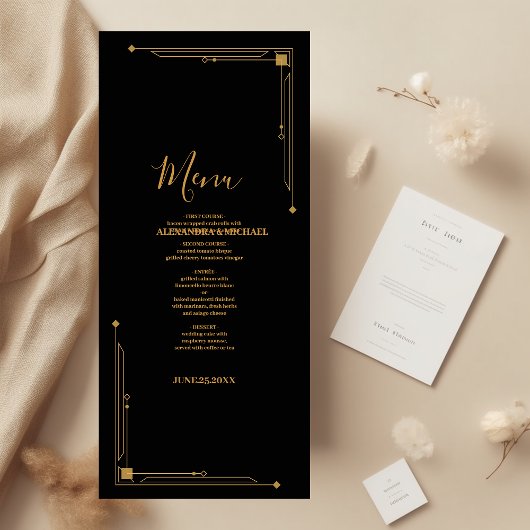 Elegant Black and Gold Art Deco  Wedding Menükarte