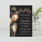 Elegant Black and Gold Balloons Birthday Dinner Einladung (Stehend Vorderseite)