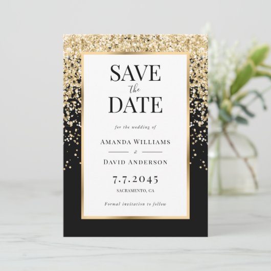Elegant Black and Gold Confetti Wedding Save The Date (Stehend Vorderseite)