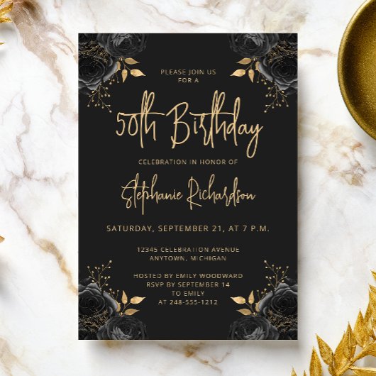 Elegant Black and Gold Floral 50th Birthday Party Einladung