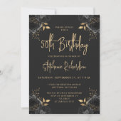 Elegant Black and Gold Floral 50th Birthday Party Einladung (Vorderseite)