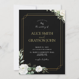 Elegant Black and Gold Floral Photo Wedding Einladung