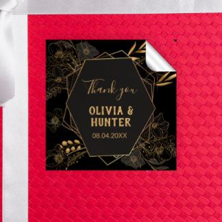 Elegant Black and Gold Floral Vielen Dank Quadratischer Aufkleber