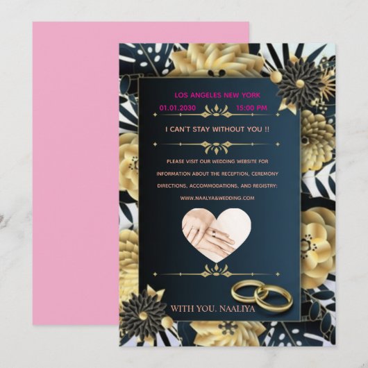 Elegant Black and Gold Floral Wedding Invitation Einladung (Vorne/Hinten)