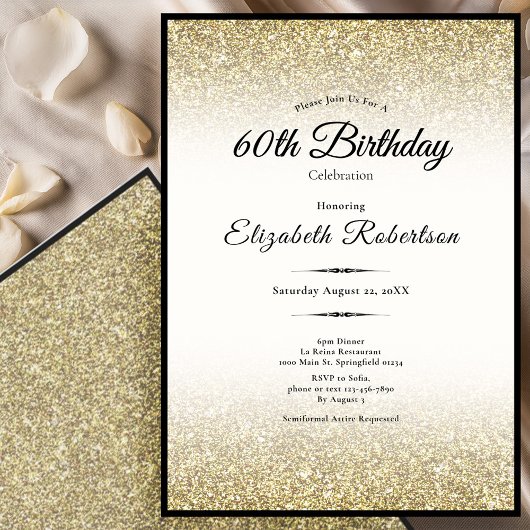 Elegant Black and Gold Glitter 60th Birthday  Einladung