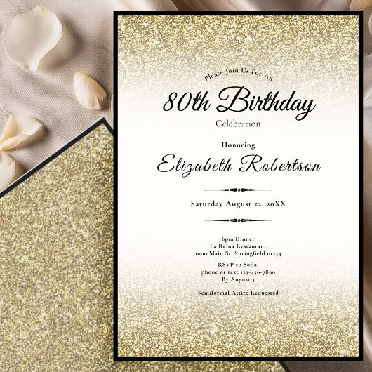 Elegant Black and Gold Glitter 80th Birthday Einladung