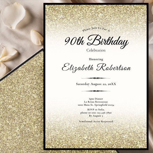 Elegant Black and Gold Glitter 90th Birthday  Einladung
