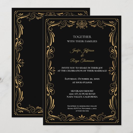 Elegant black and gold Gothic wedding Invitation Einladung (Vorne/Hinten)