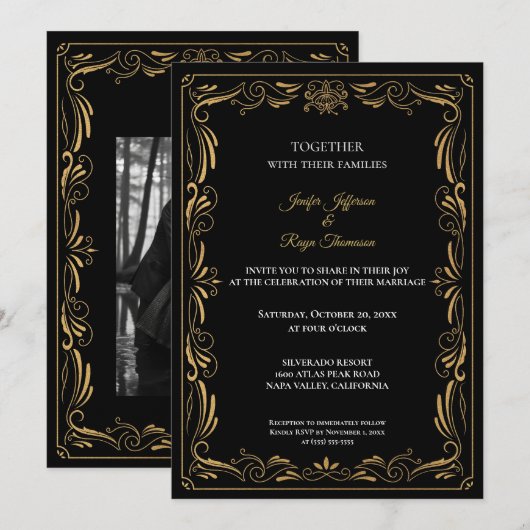 Elegant black and gold Gothic wedding Invitation Einladung (Vorne/Hinten)