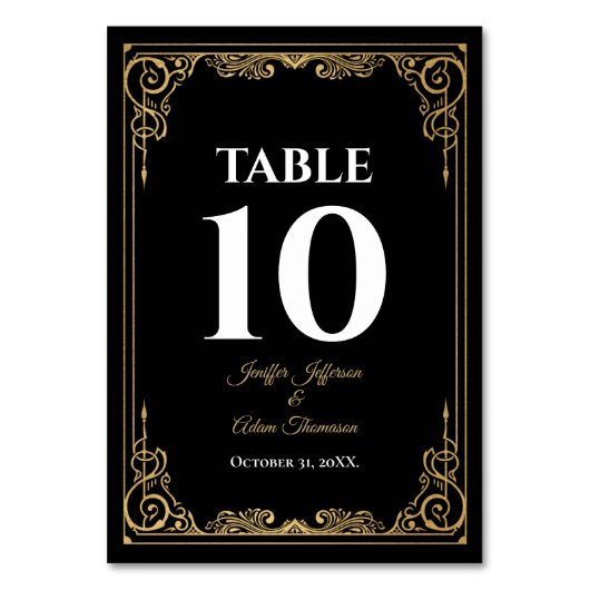 Elegant black and gold Gothic Wedding Tischnummer (Vorderseite)