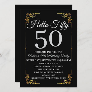 Elegant Black and Gold Hello 50th For Women Einladung