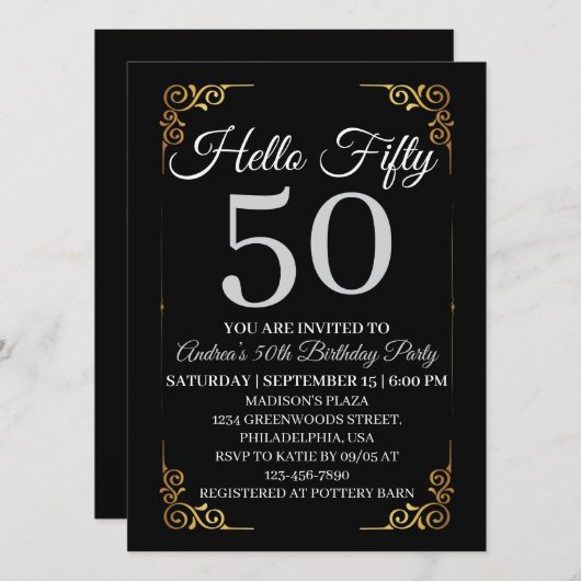 Elegant Black and Gold Hello 50th For Women Einladung (Vorne/Hinten)