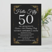 Elegant Black and Gold Hello 50th For Women Einladung (Stehend Vorderseite)