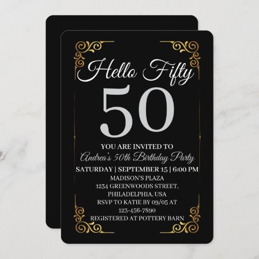 Elegant Black and Gold Hello 50th For Women  Einladung (Vorne/Hinten)