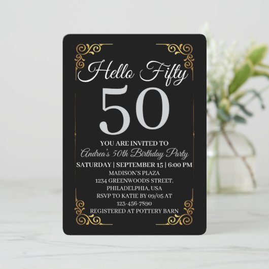 Elegant Black and Gold Hello 50th For Women  Einladung (Stehend Vorderseite)