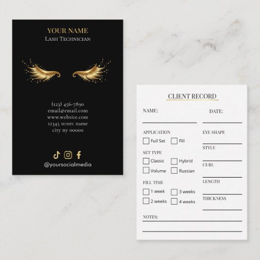 Elegant Black and gold Lash Client Record Form Visitenkarte (Vorne/Hinten)