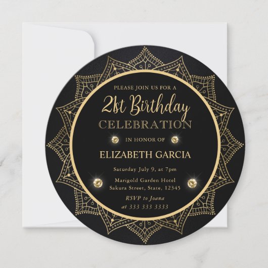 Elegant Black and Gold Mandala 21. Geburtstag Einladung (Vorderseite)