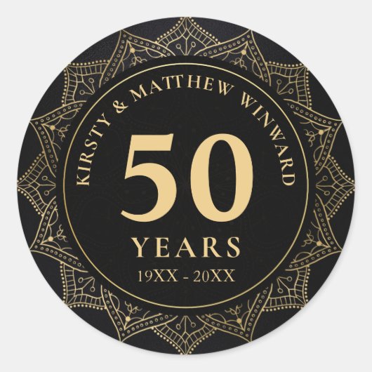 Elegant Black and Gold Mandala 50 Jahre alt Runder Aufkleber (Vorderseite)
