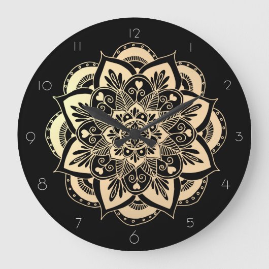 Elegant Black and Gold Mandala Flower Große Wanduhr (Vorderseite)