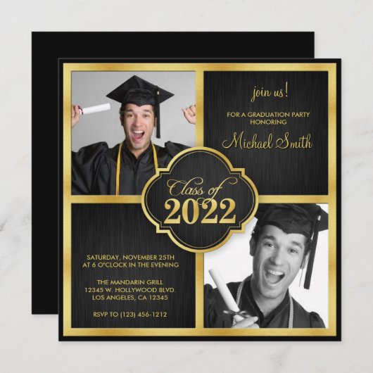 Elegant Black and Gold Modern Class of 2022 Einladung (Vorne/Hinten)