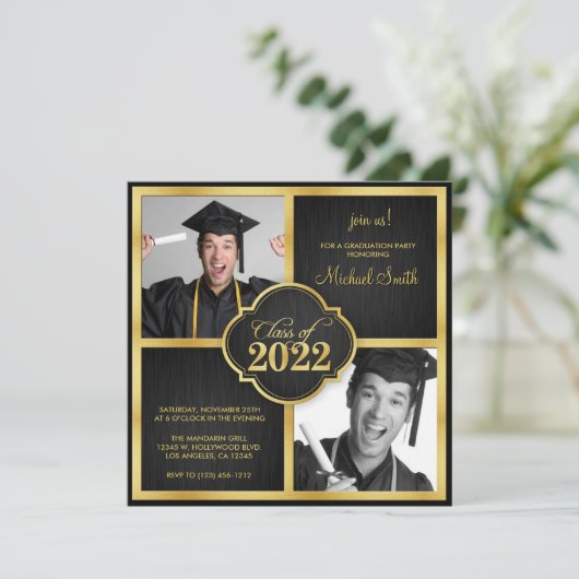 Elegant Black and Gold Modern Class of 2022 Einladung (Stehend Vorderseite)