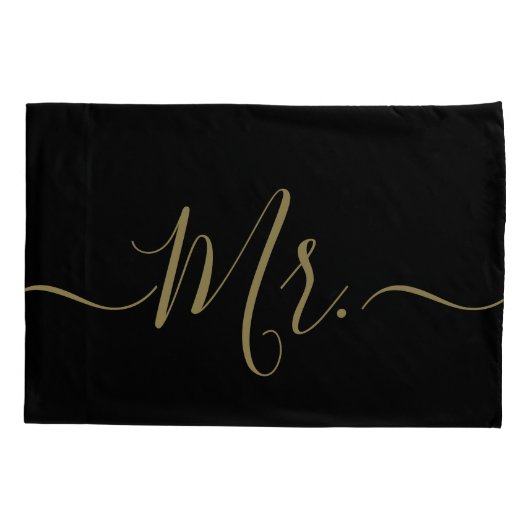 Elegant Black and Gold Mr. Mrs. Script Newlywed Kissenbezug (Rückseite-Links)
