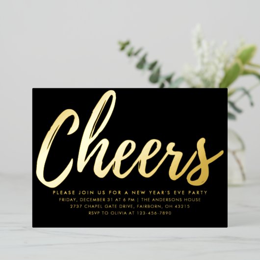 Elegant Black and Gold New Year's Eve Party Folieneinladung (Stehend vorne)