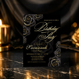 Elegant Black and Gold Rose Birthday  Folieneinladung
