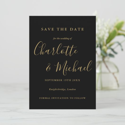 Elegant Black And Gold Script Wedding Save The Date (Stehend Vorderseite)
