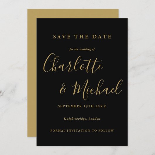 Elegant Black And Gold Script Wedding Save The Date (Vorne/Hinten)