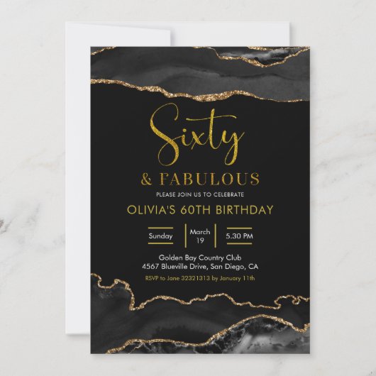 Elegant Black and Gold Sechzig und fabelhaft Einladung (Vorderseite)