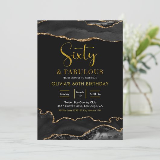 Elegant Black and Gold Sechzig und fabelhaft Einladung (Stehend Vorderseite)