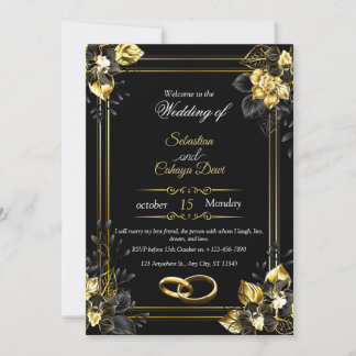 Elegant black and gold summer wedding einladung