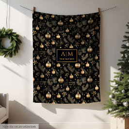 Elegant black and gold watercolor monogram throw fleecedecke