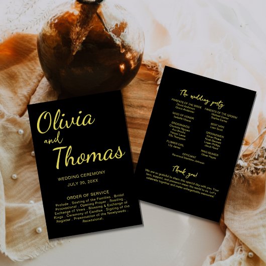 Elegant Black and Gold Wedding Ceremony Program  Programm