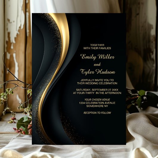 Elegant Black and Gold Wedding Einladung