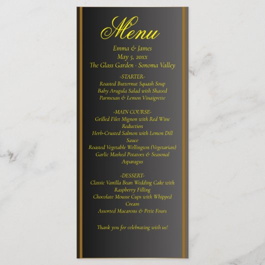 Elegant Black and Gold Wedding Menu Menükarte (Vorderseite)