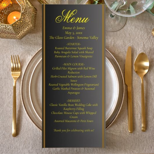 Elegant Black and Gold Wedding Menu Menükarte