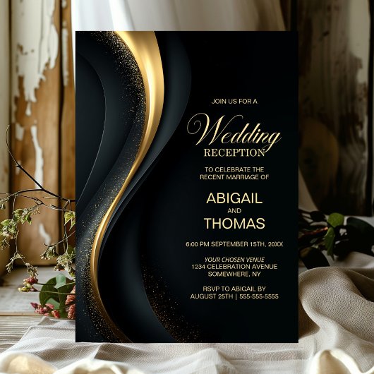 Elegant Black and Gold Wedding Reception Einladung