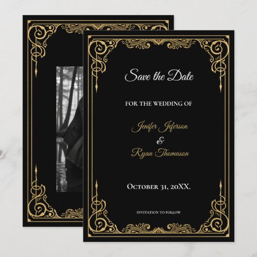 Elegant black and gold wedding save the date ankündigung (Vorne/Hinten)
