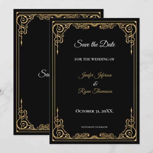 Elegant black and gold wedding save the date ankündigung (Vorne/Hinten)