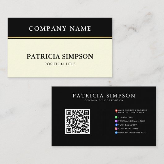 Elegant Black and Ivory Cream Minimalist QR Code Visitenkarte (Vorne/Hinten)